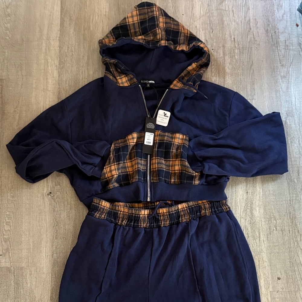 Fashion Nova Navy Zip Hoodie with Orange Plaid Trim